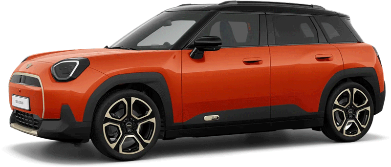 Oranger MINI Aceman auf weißem Hintergrund, Seitenansicht.